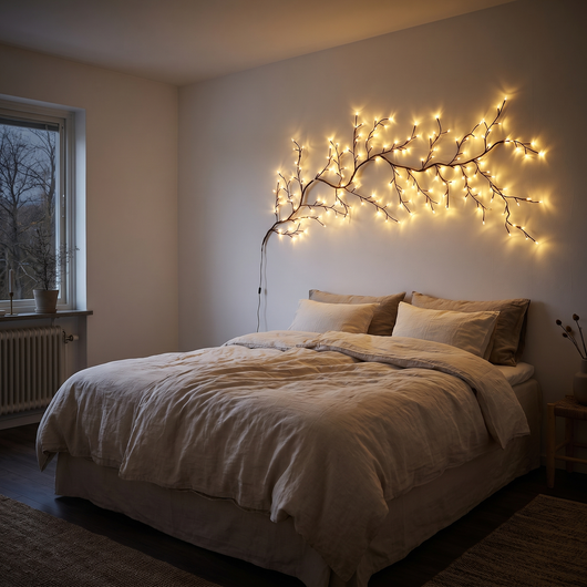 LumiBranch ljusgren tänd ovanför en säng