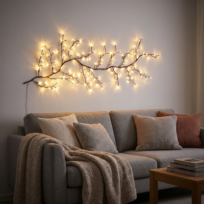 LumiBranch ljusgren ovanför en soffa i vardagsrummet